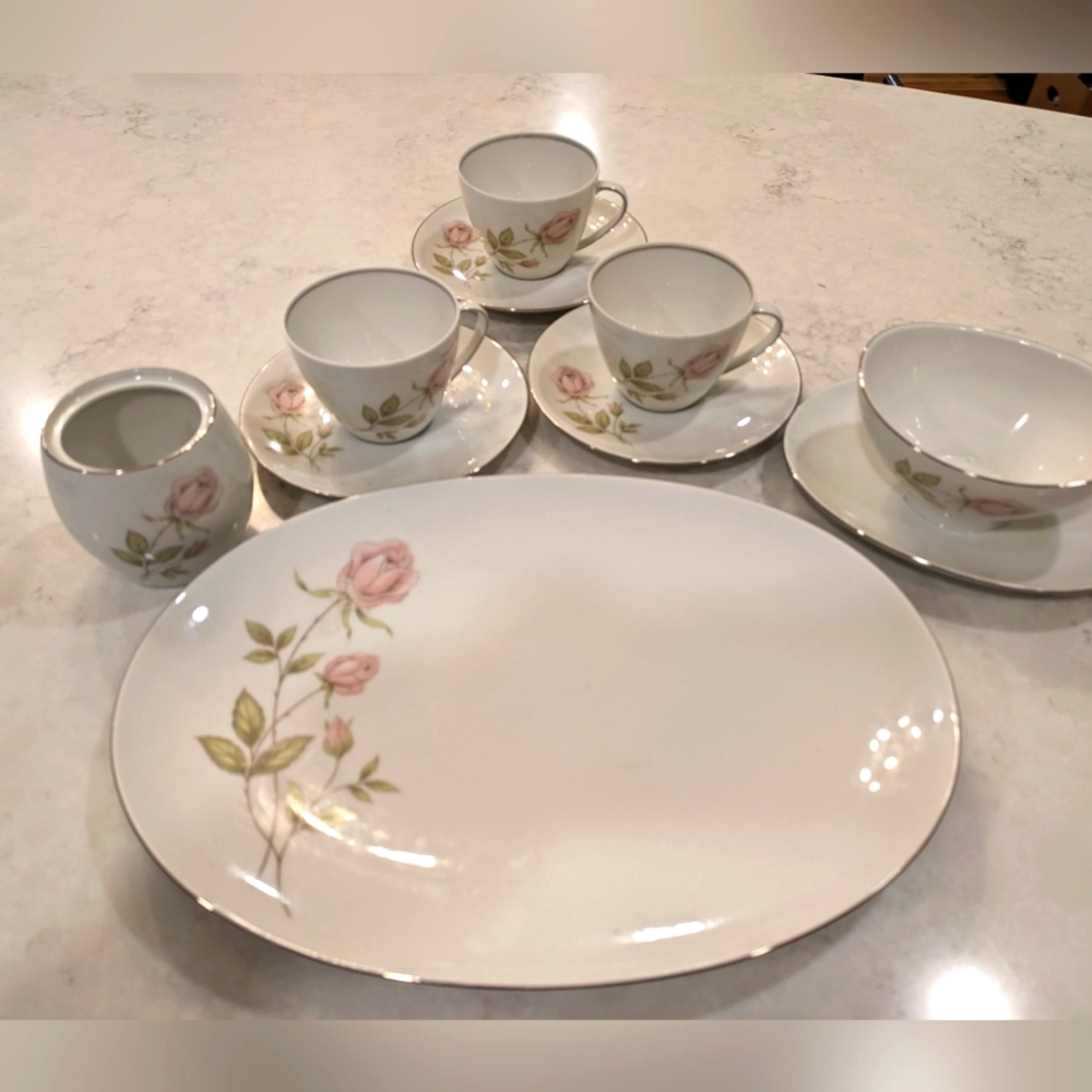 Vintage China Bavaria Germany "Pink Roses" Set of 9.